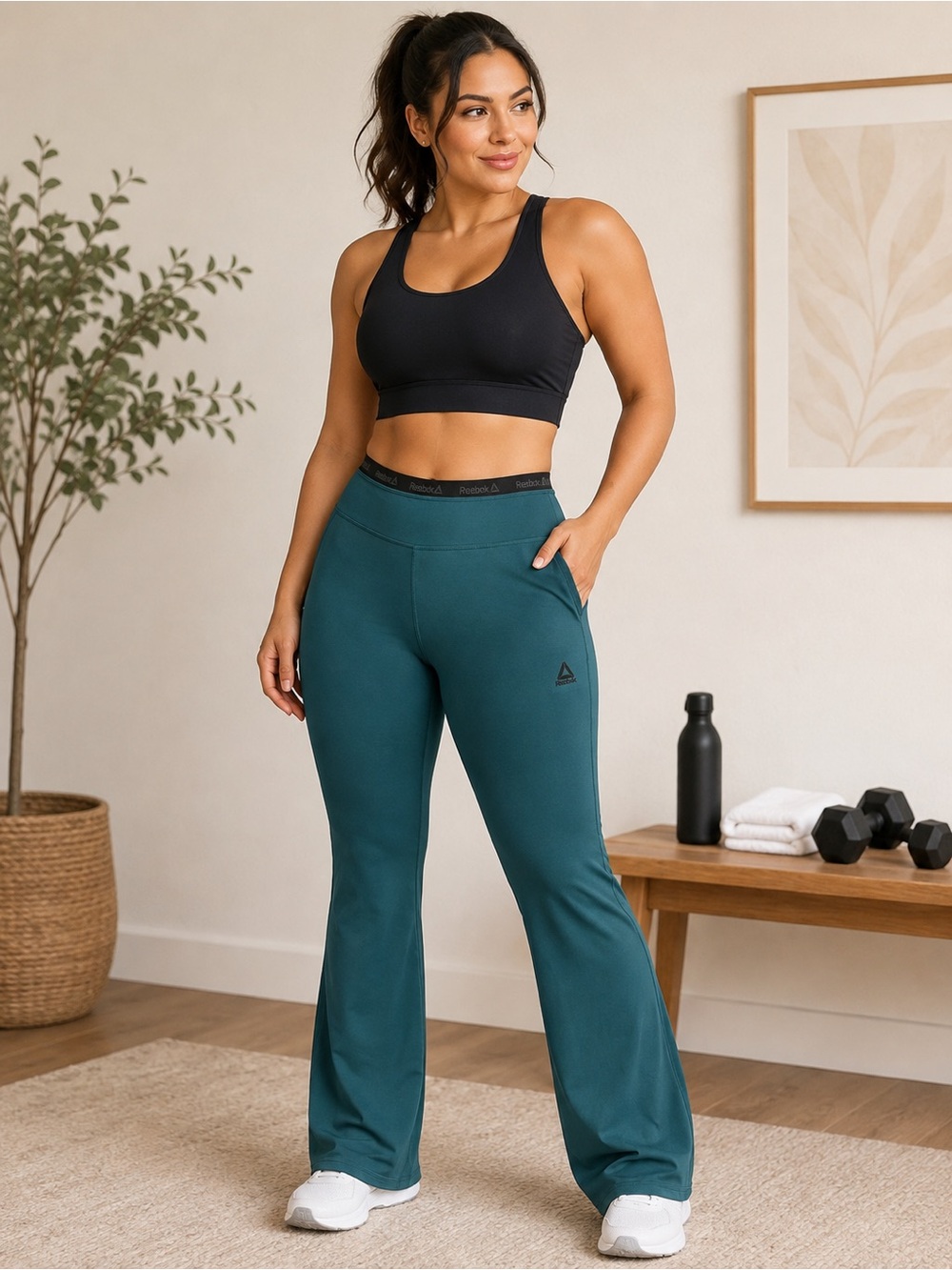 Reebok High-Rise Flare Leggings in Teal Green Sz Large